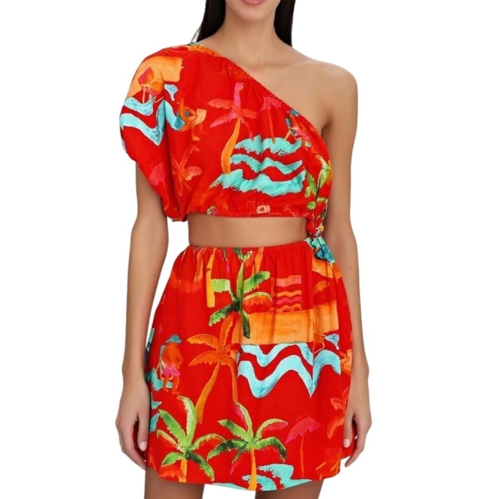 Farm Rio One Shoulder‎ Mini Dress Medium Red Tropical Palm Tree Cutout Excellent